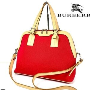 Burberry Canvas Leather mix Red and Beige 2 Way Domed Satchel Crossbody Bag